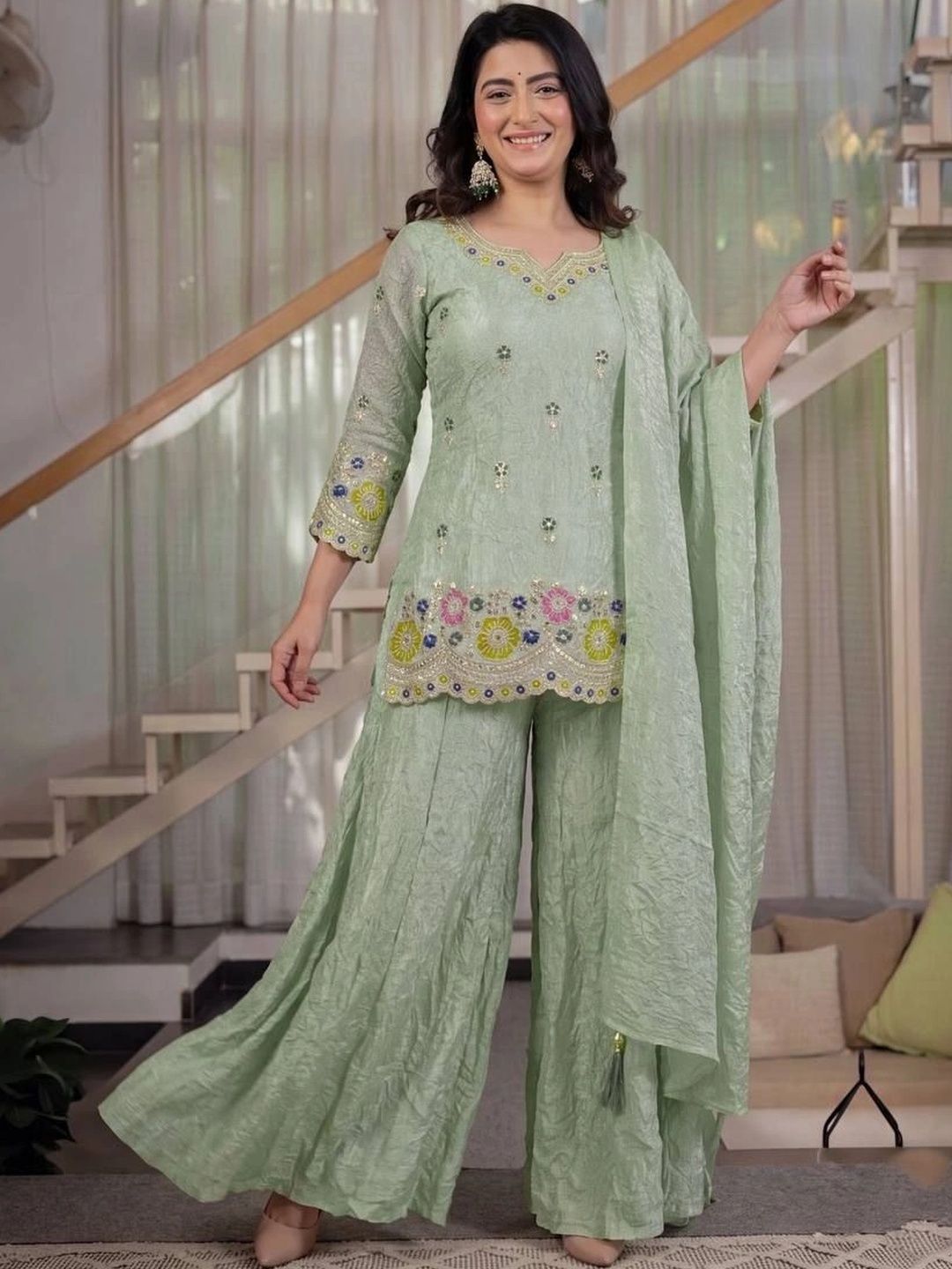 LEGEND WEAR Women Embroidered Regular Thread Work Kurta with Sharara & With Dupatta-image-18