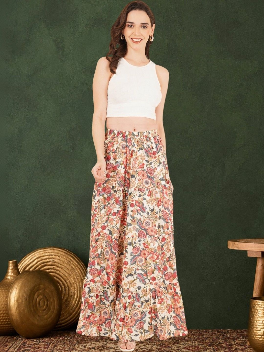 Sangria Women Pure Cotton Blend Cotton Cambric Floral Maxi Flared Skirt-picture-19
