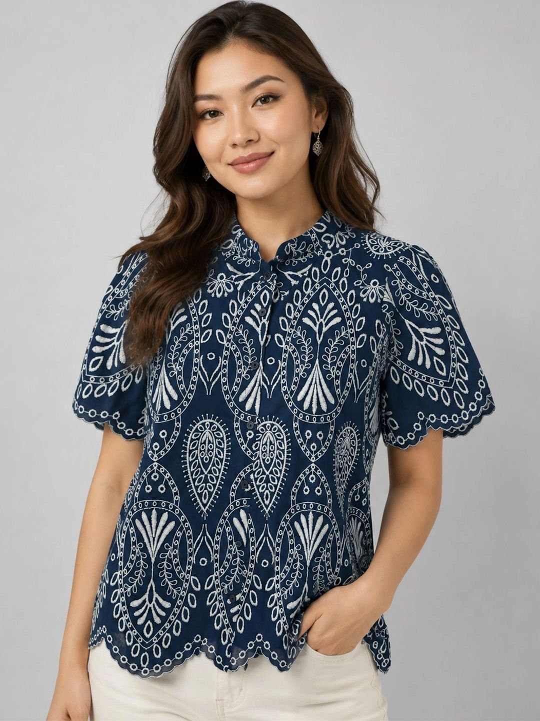 HERE&NOW Embroidered Mandarin Collar Puff Sleeve Cotton Top-picture-40
