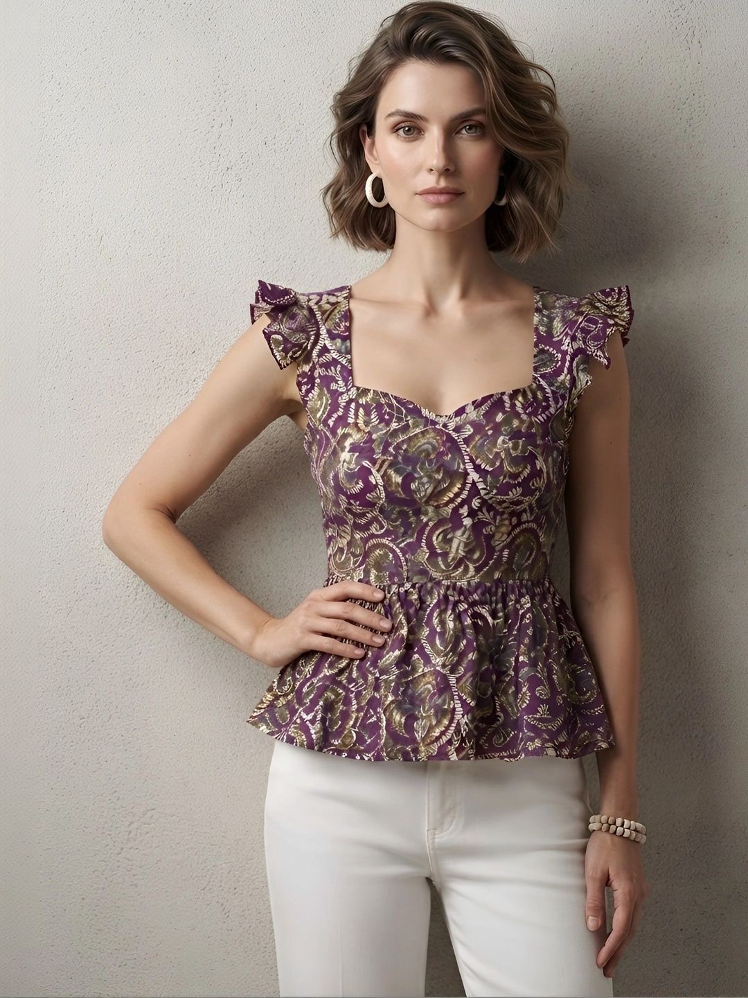SZN Floral Print Sweetheart Neck Flutter Sleeve Ruffles Cotton Peplum Top-picture-37