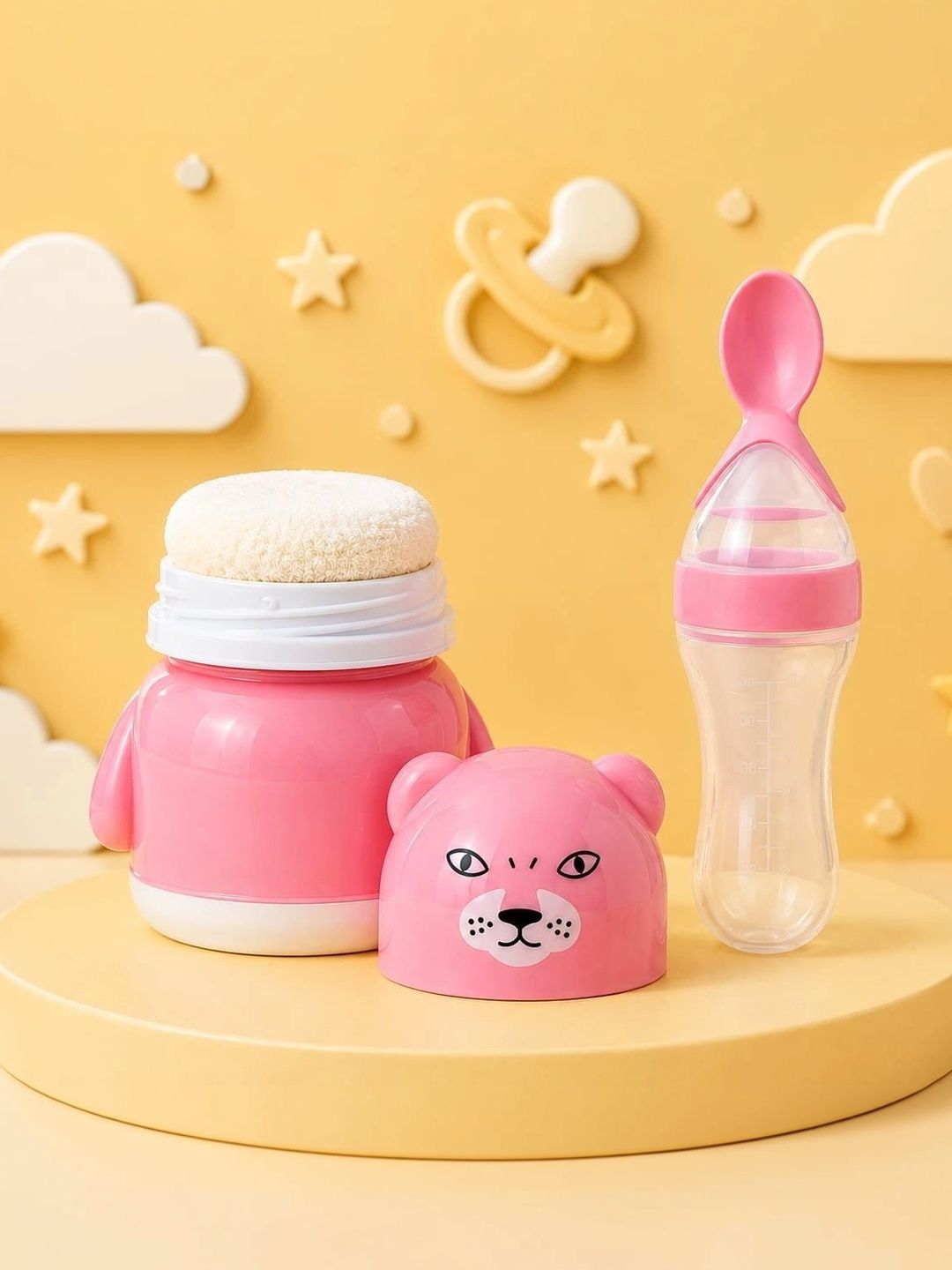 Joy Buzz Pink & White Printed BPA Free Baby Food Feeder Spoon & Powder Puff Combo-picture-11