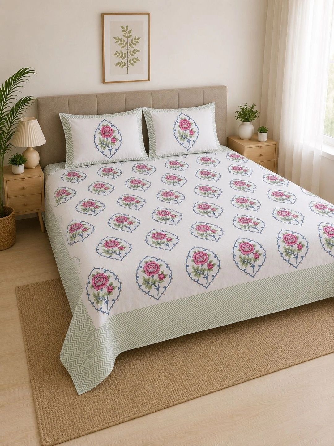 Bedbathandbliss White Ethnic Motifs 300 TC Bedsheet with 2 Pillow Covers-picture-55