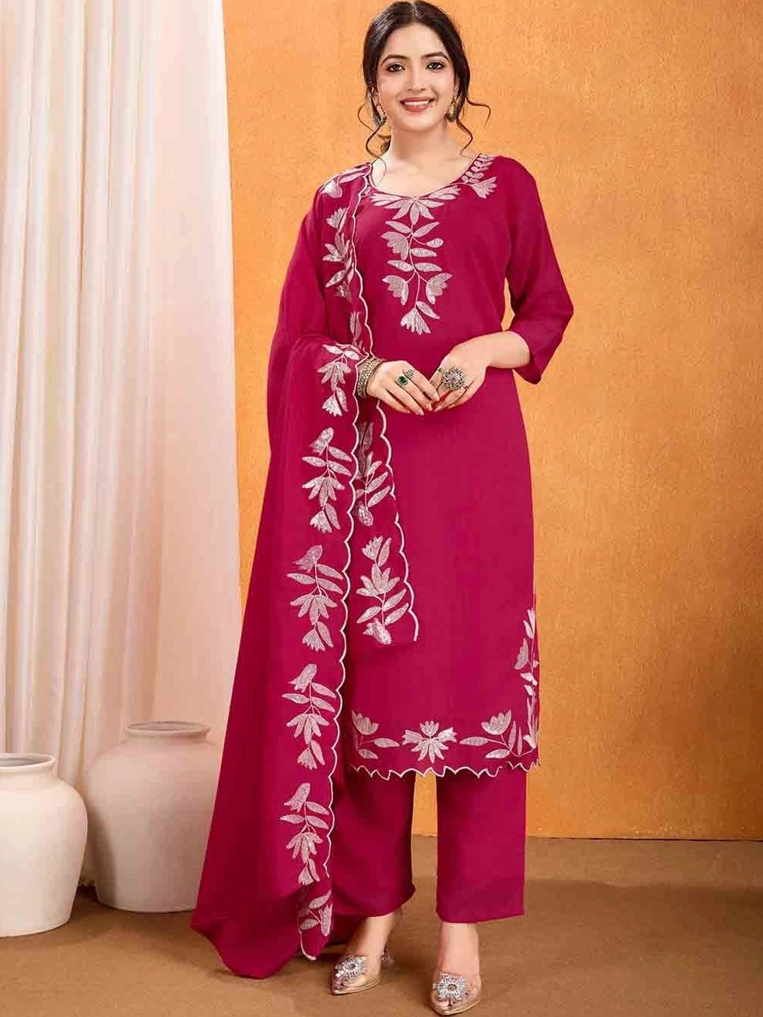 KALINI Women Floral Embroidered Regular Thread Work Kurta with Trousers & With Dupatta-image-47