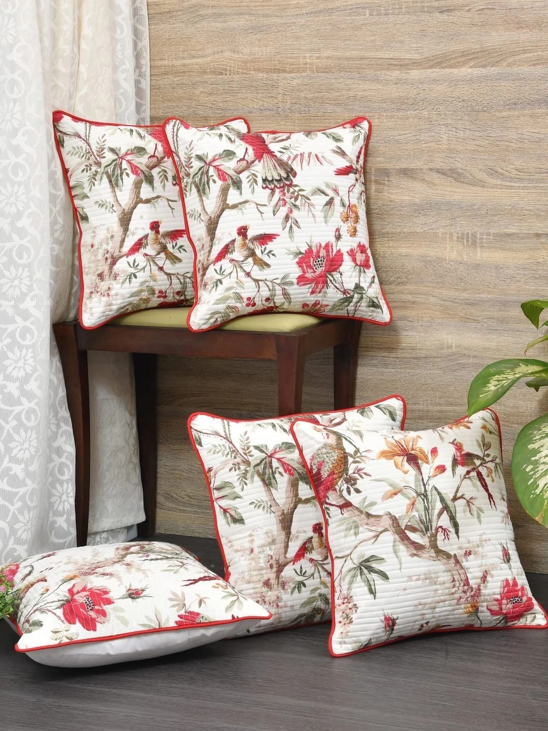 Aura Cream-Coloured & Red Set of 5 Floral Square Cushion Covers-image-19