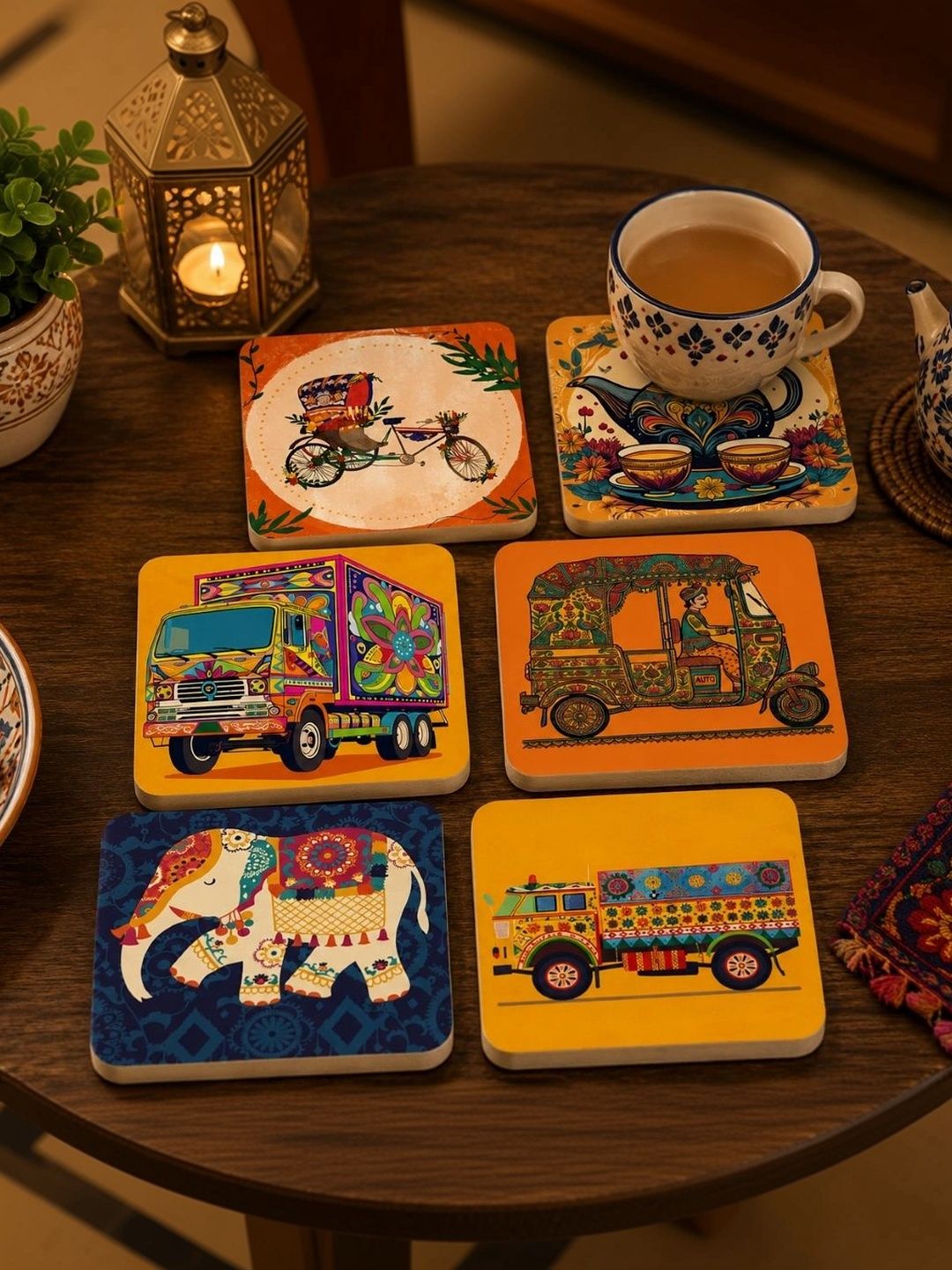 TAJNAN 6-Pcs Orange & Pink Printed Wooden Coasters-picture-0