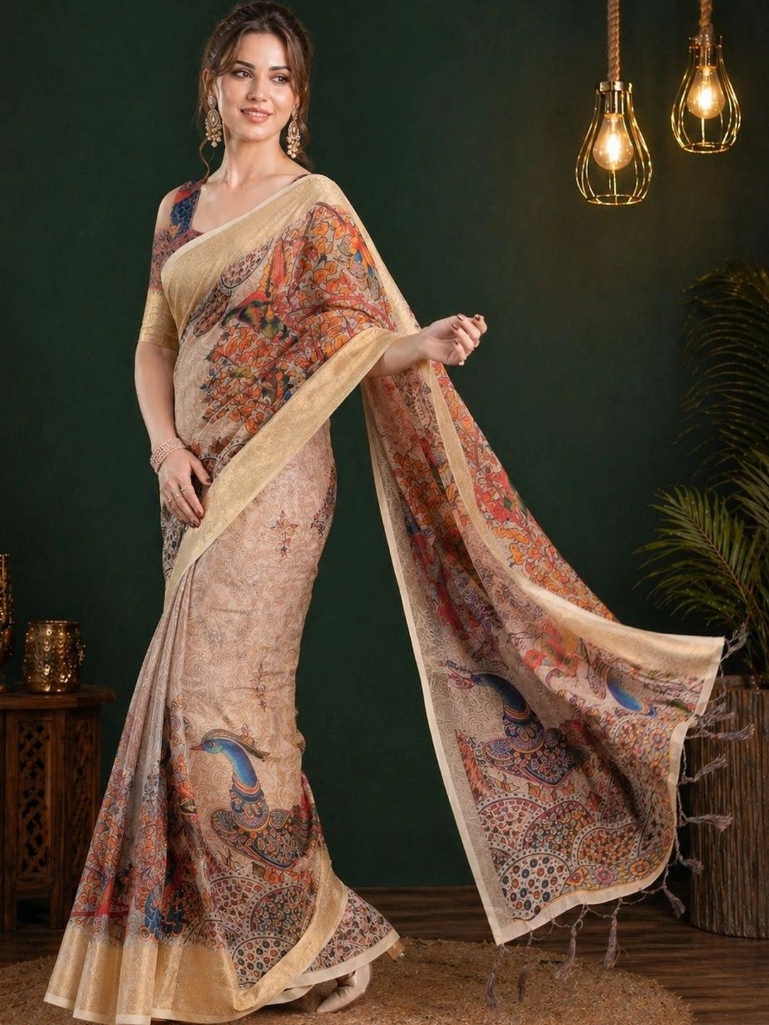 V3 FASHION STUDIO Kalamkari Zari Linen Blend Fusion Saree-image-26