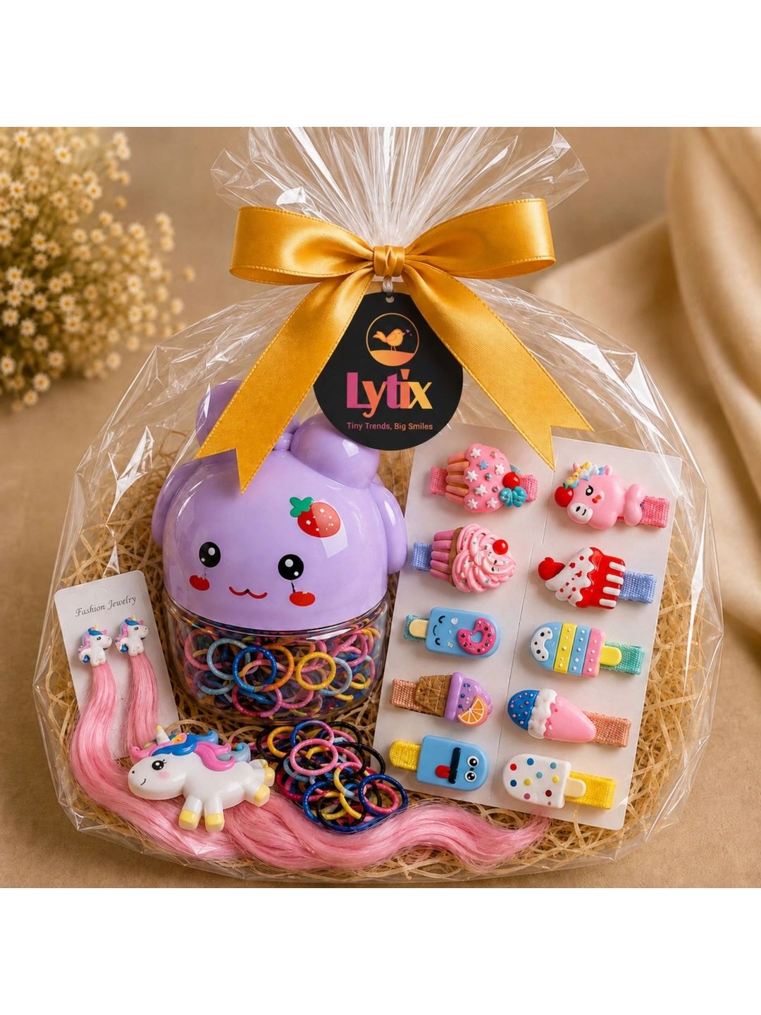 LYTIX Set Of 6 Unicorn Hair Extension & Band, Tic Tac & Mini Hair Clips With Rubber Bands-picture-21