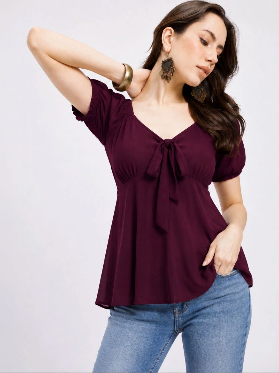 Slenor Puff Sleeve Georgette Peplum Top-picture-24