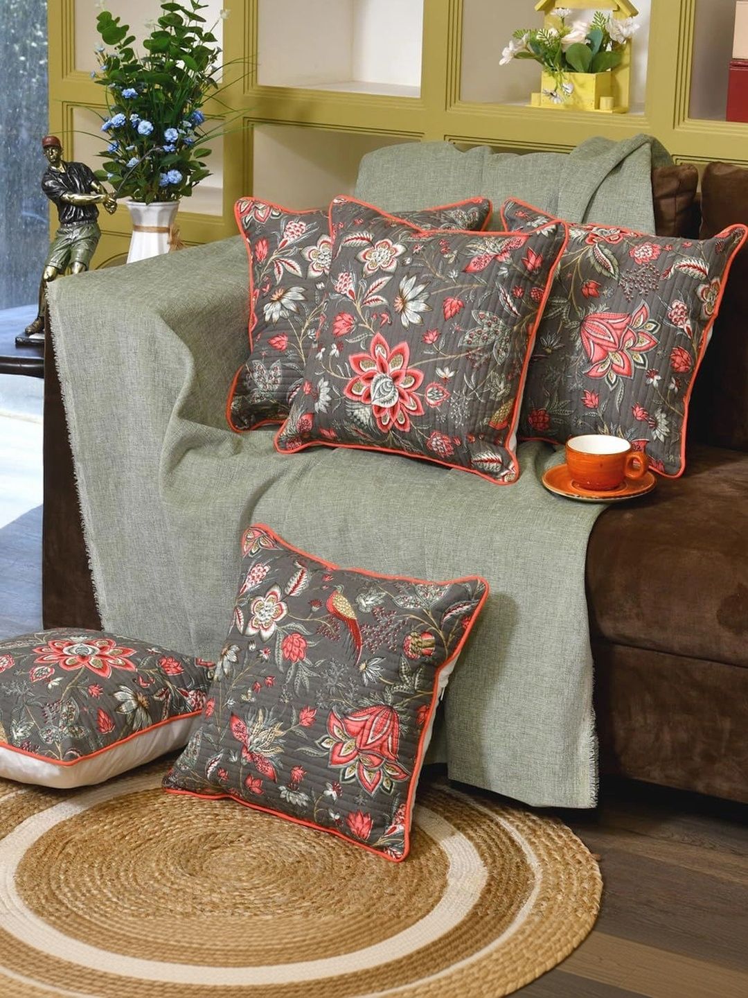 Aura Grey & Pink Set of 5 Floral Square Cushion Covers-picture-14