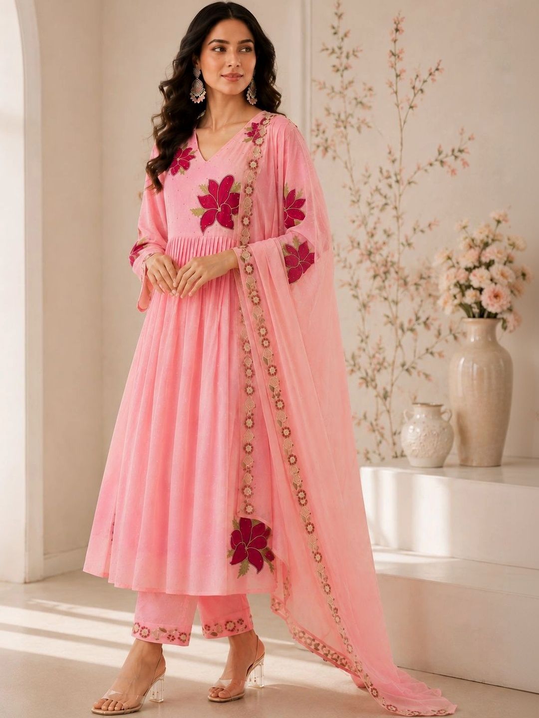 Sangria Women Floral Embroidered Empire Thread Work Chanderi Cotton Kurta with Trousers & With Dupatta-picture-27