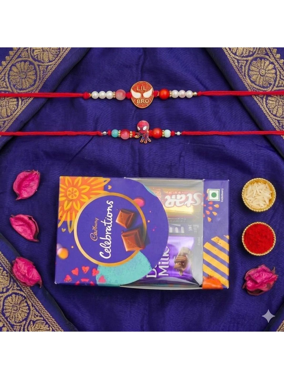 Tiny Shiny Unisex 2 Thread Tie-Ups 1 Roli chawal with Dairy milk chocolate Bar-image-26