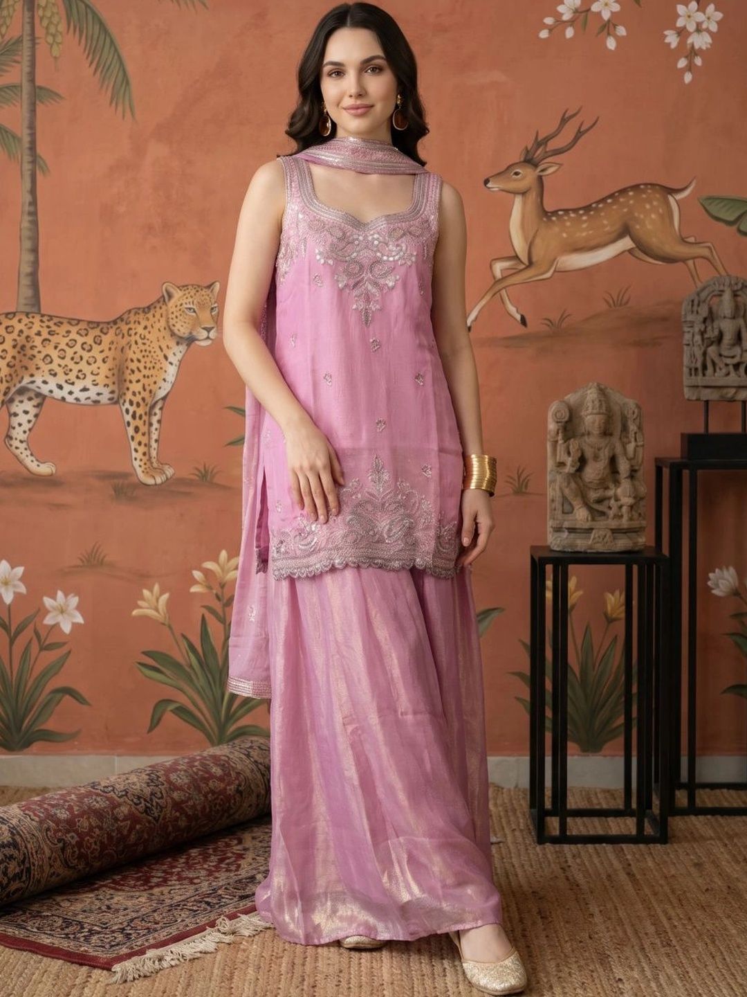 Sangria Women Ethnic Motifs Embroidered Regular Sequinned Kurta with Sharara & With Dupatta-picture-11