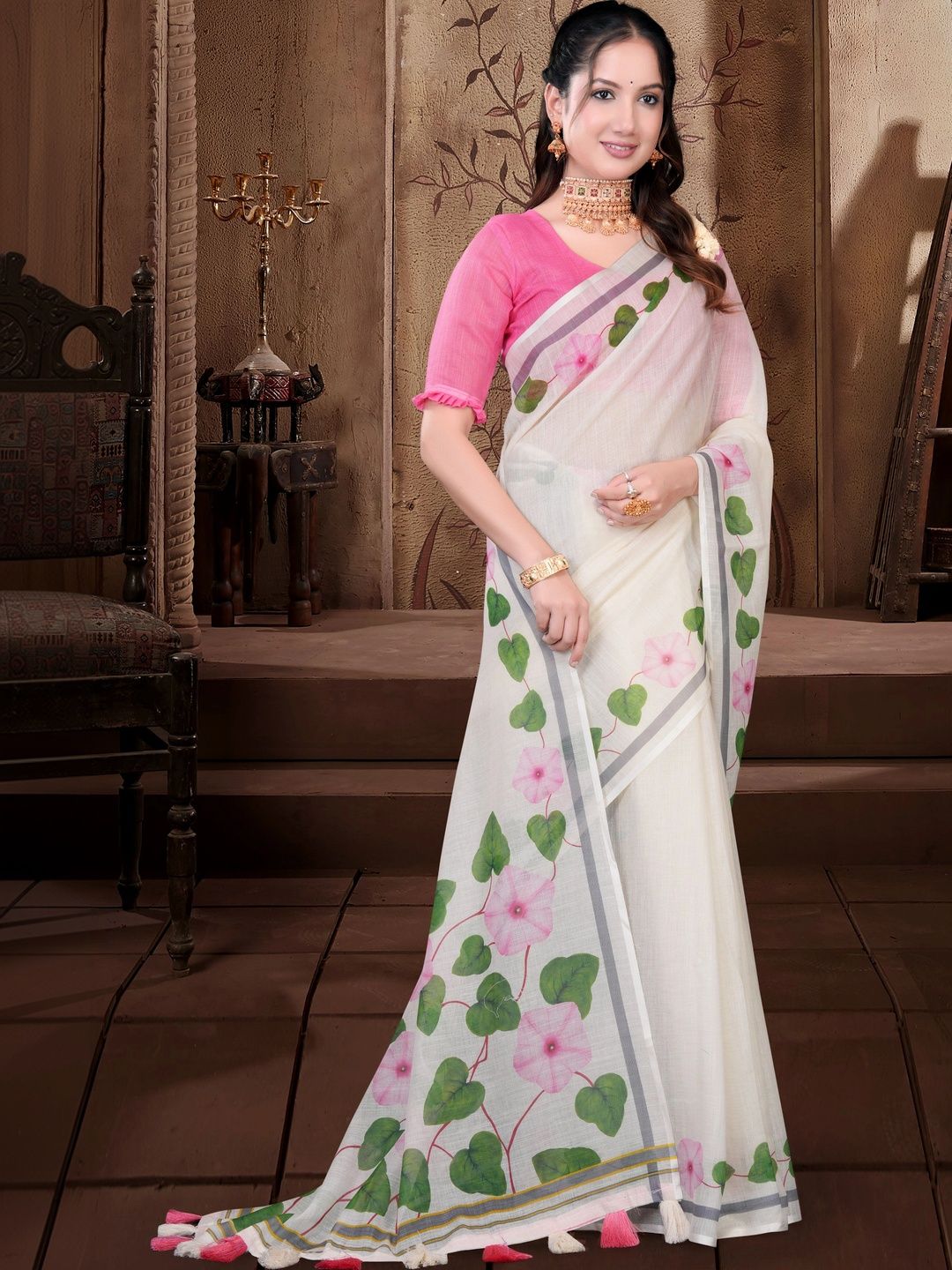 Vedresa Floral Linen Blend Designer Kasavu Saree-picture-51