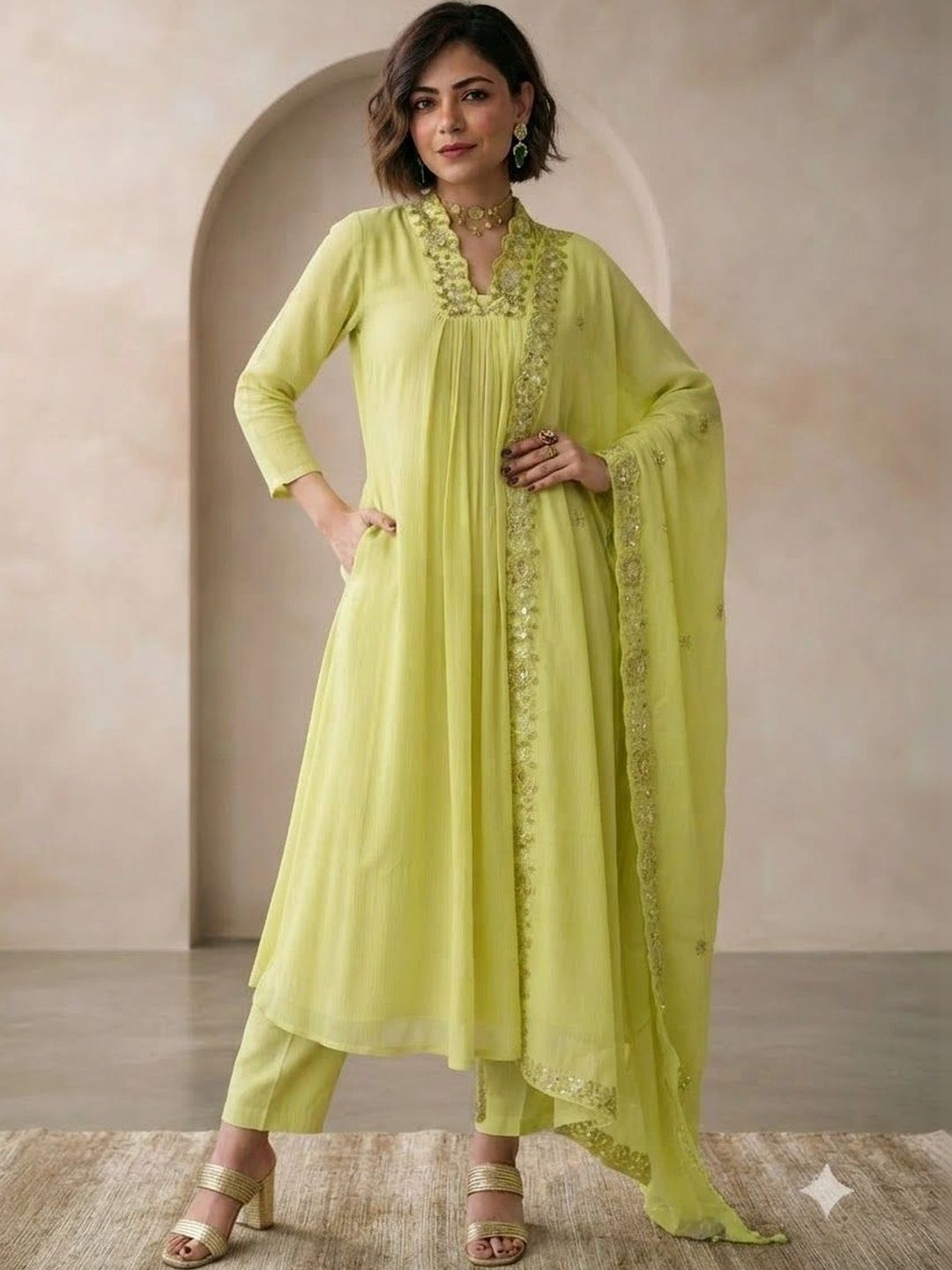 Monamaar Women Regular Sequinned Pure Cotton Kurta with Trousers & With Dupatta-picture-0