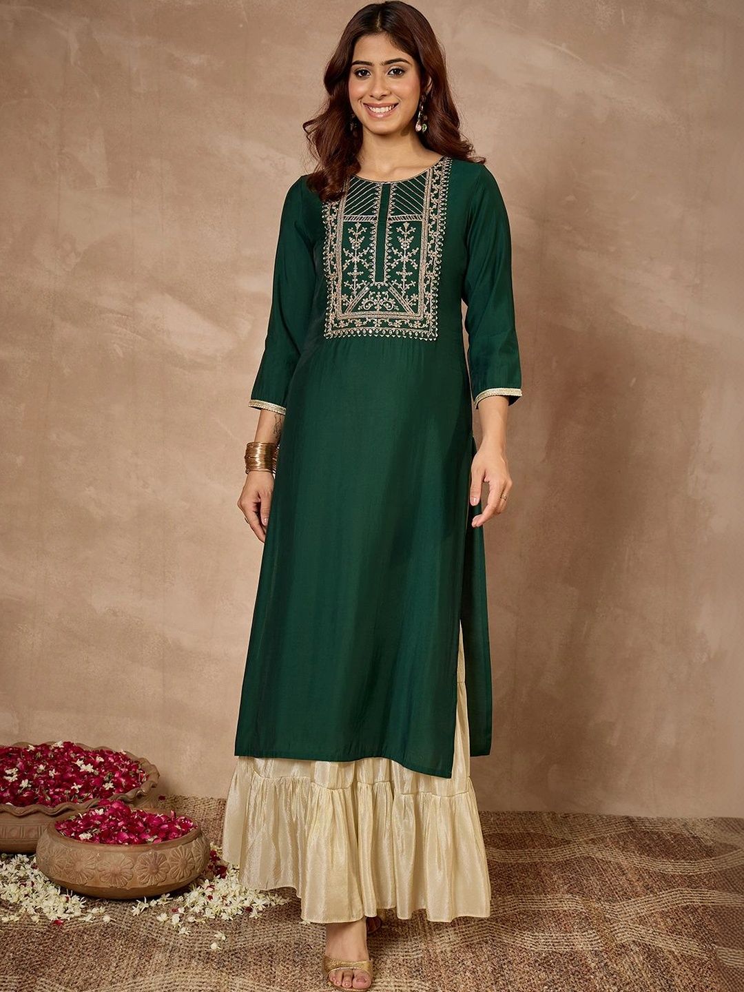 Janasya Women Ethnic Motifs Embroidered Thread Work Chanderi Silk Kurta-picture-22