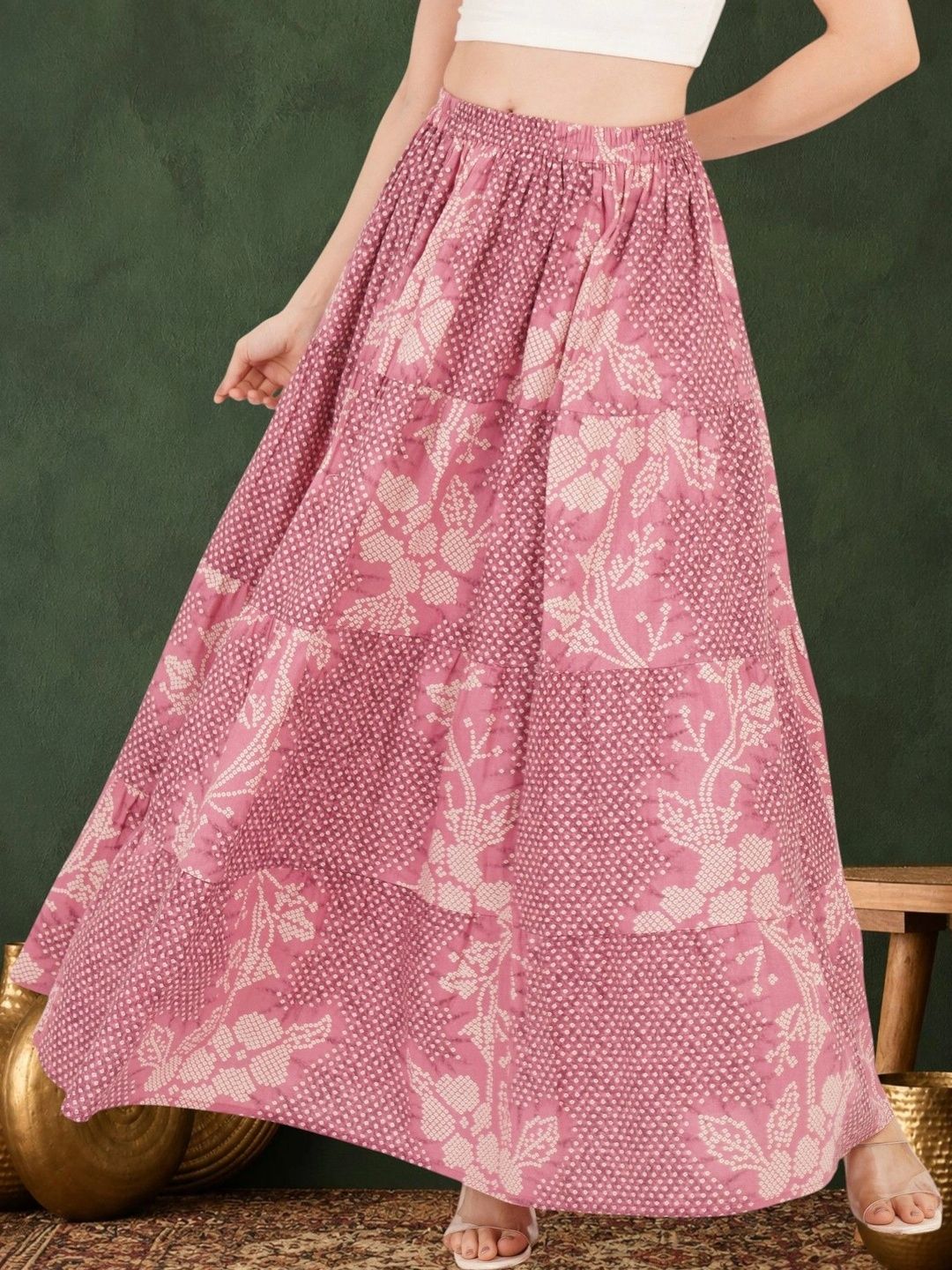 Sangria Women Pure Cotton Blend Cotton Cambric Floral Knits Maxi Tiered Skirt-picture-30