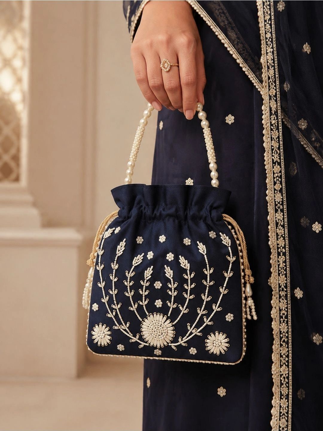 DMS RETAIL Embroidered Embellished Potli Clutch-picture-13