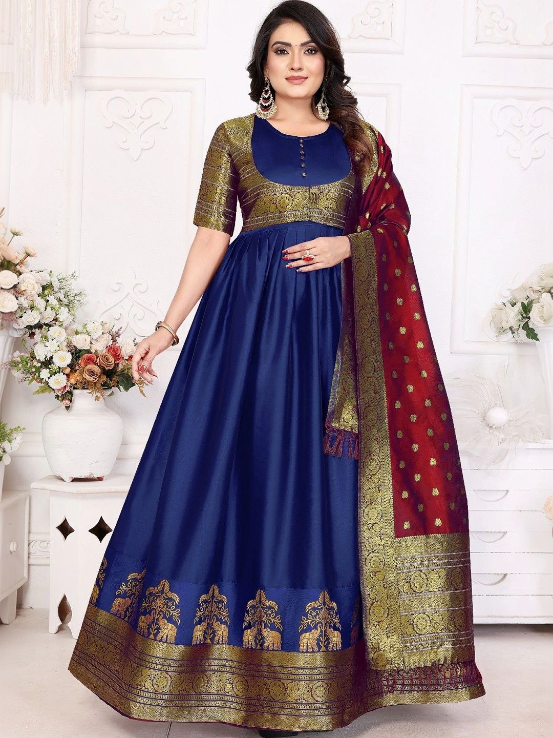 Kinjhit Fashion Woven Design Round Neck Fit & Flare Maxi Ethnic Dress With Dupatta-picture-14