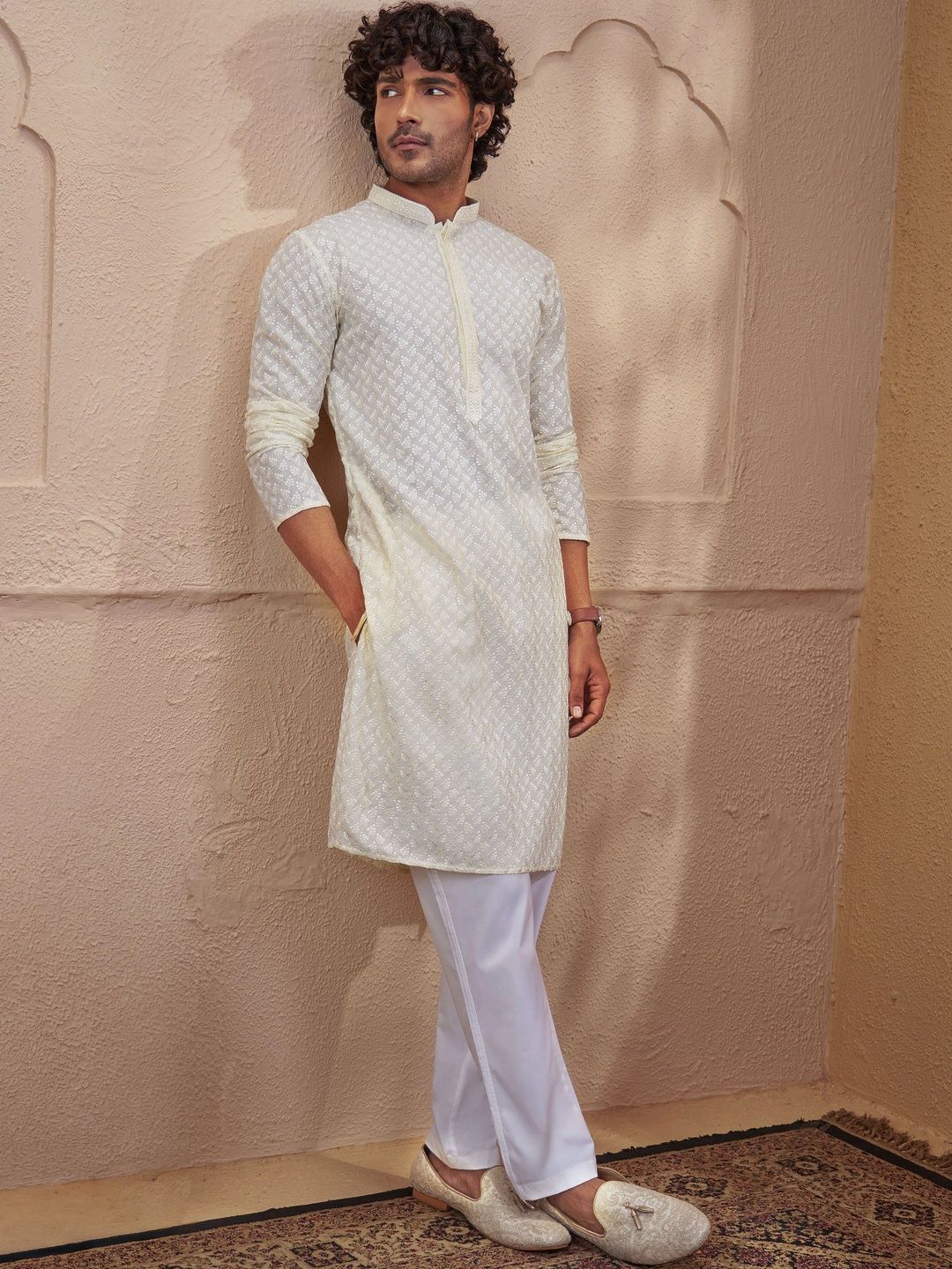 VASTRAMAY Men Ethnic Motifs Embroidered Regular Chikankari Kurta with Pyjamas-picture-19