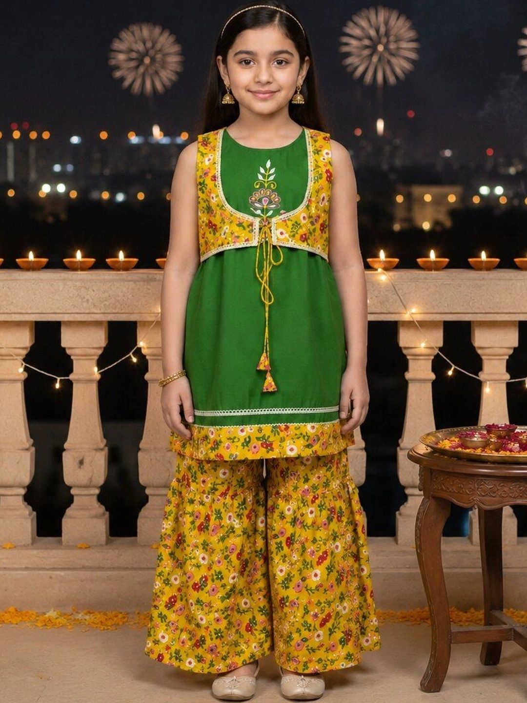 JAANYA Girls Floral Embroidered Empire Thread Work Kurti with Sharara-picture-49