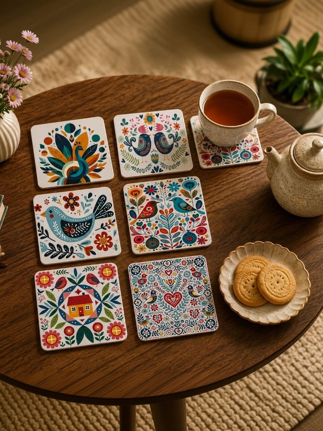 TAJNAN 6-Pcs White & Red Printed Wooden folk Coaster-image-10