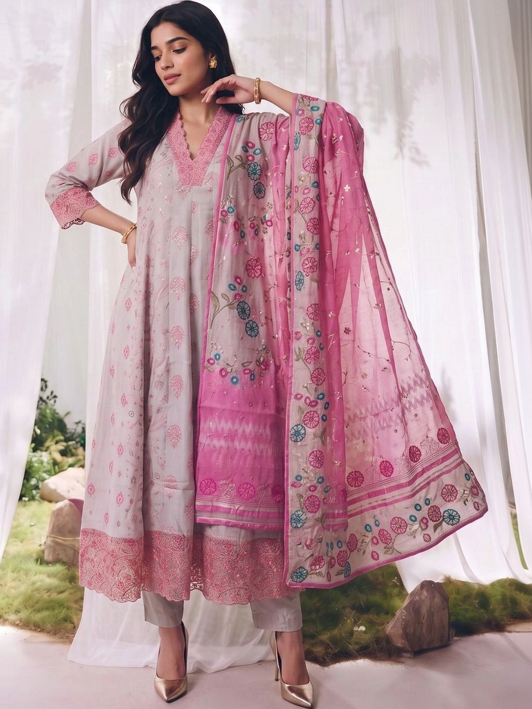 Rangita Women Ethnic Motifs Printed Regular Sequinned Kurta with Trousers & With Dupatta-picture-11