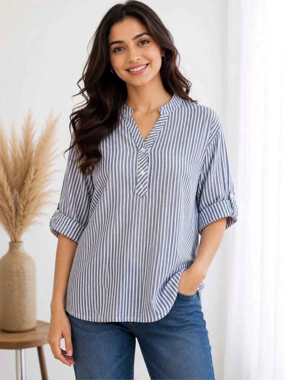 Belfry Striped Mandarin Collar Roll-Up Sleeves Cotton Top-picture-50