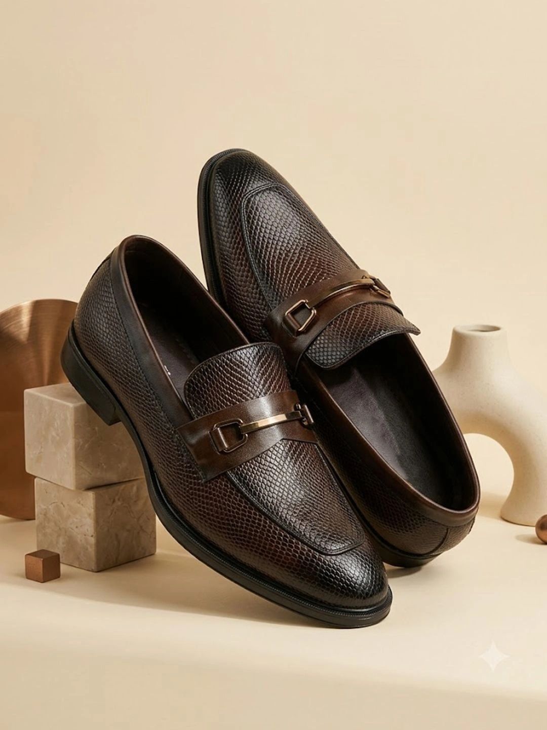 House of Pataudi Men Textured Synthetic Leather Round Toe Slip-On Formal Loafers-picture-18