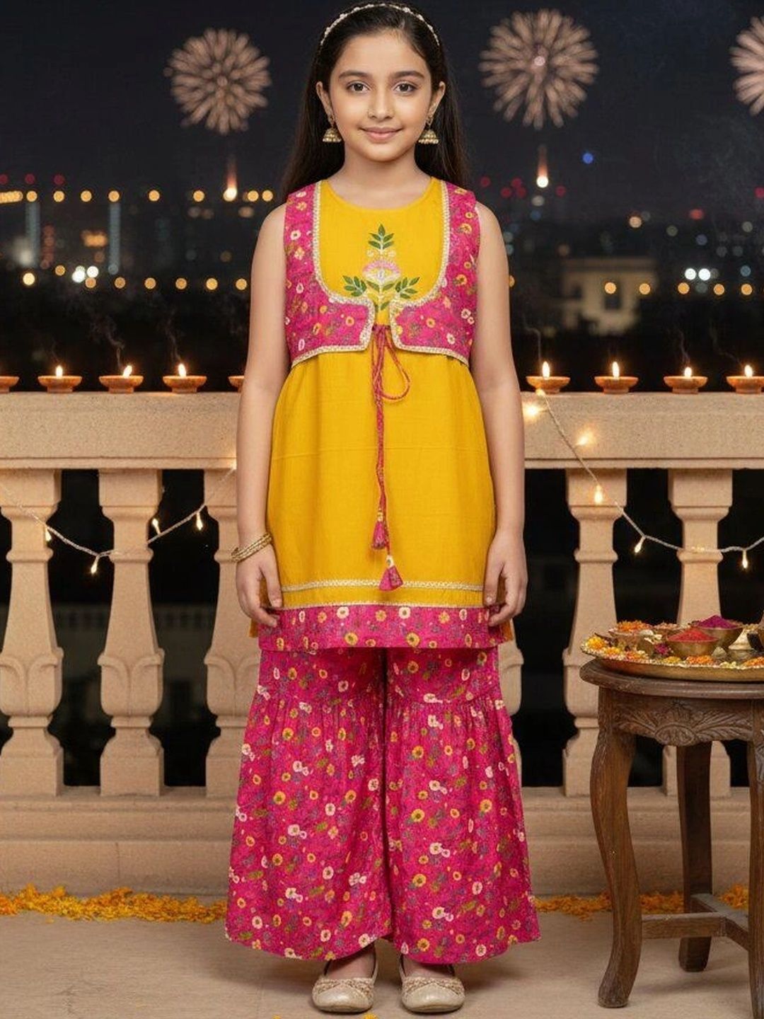 BAESD Girls Floral Embroidered Regular Thread Work Kurta with Sharara-image-34