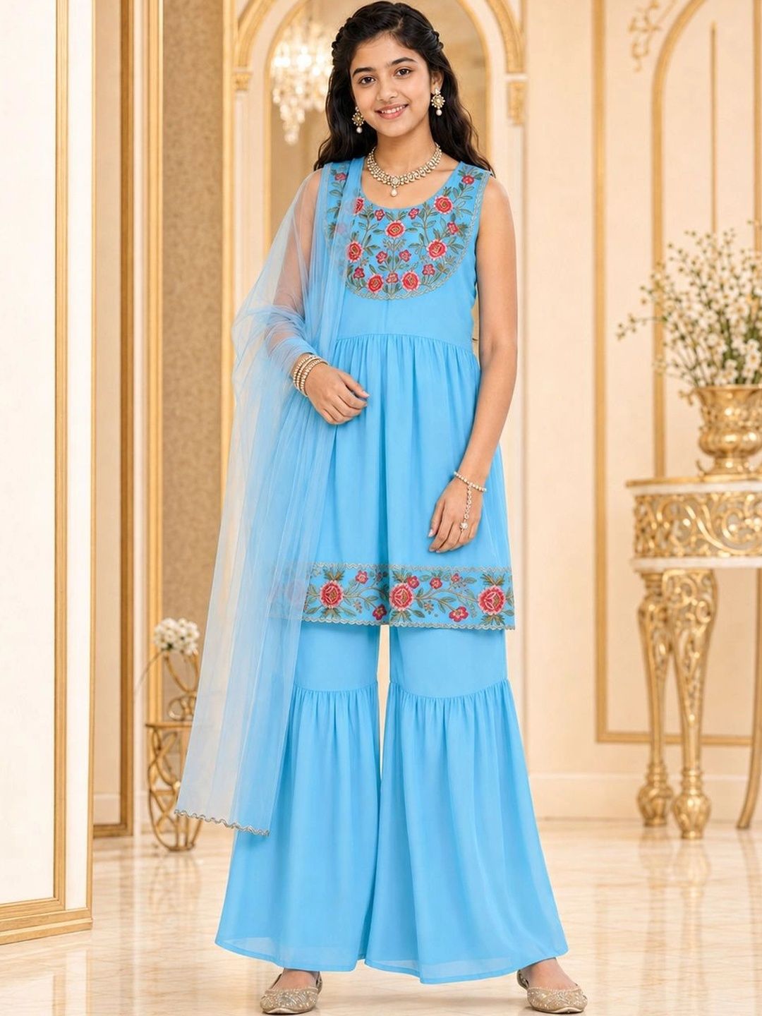 pspeaches Girls Floral Embroidered Empire Thread Work Kurta with Sharara & With Dupatta-picture-38