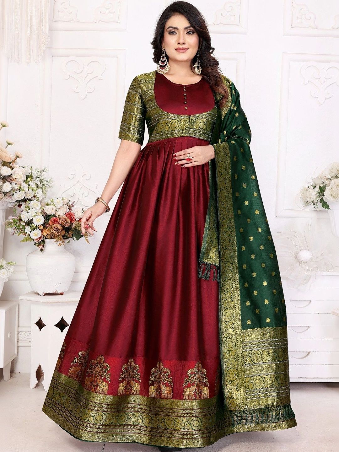 Kinjhit Fashion Woven Design Round Neck Fit & Flare Maxi Ethnic Dress With Dupatta-picture-15