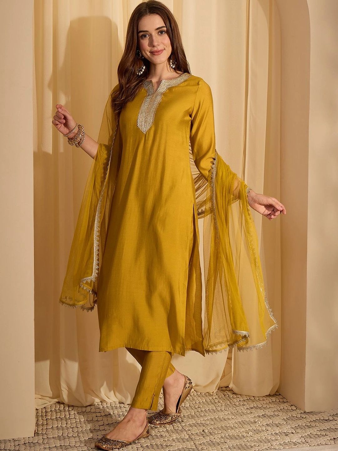 Janasya Women Regular Gotta Patti Chanderi Silk Kurta with Trousers & With Dupatta-picture-23