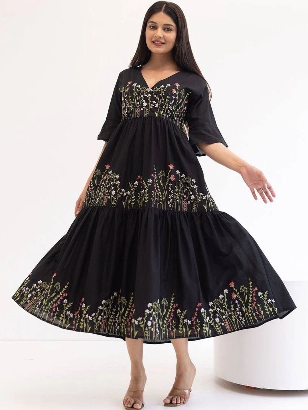 Sangria Floral Embroidered Cotton Tiered Midi Dress-picture-25