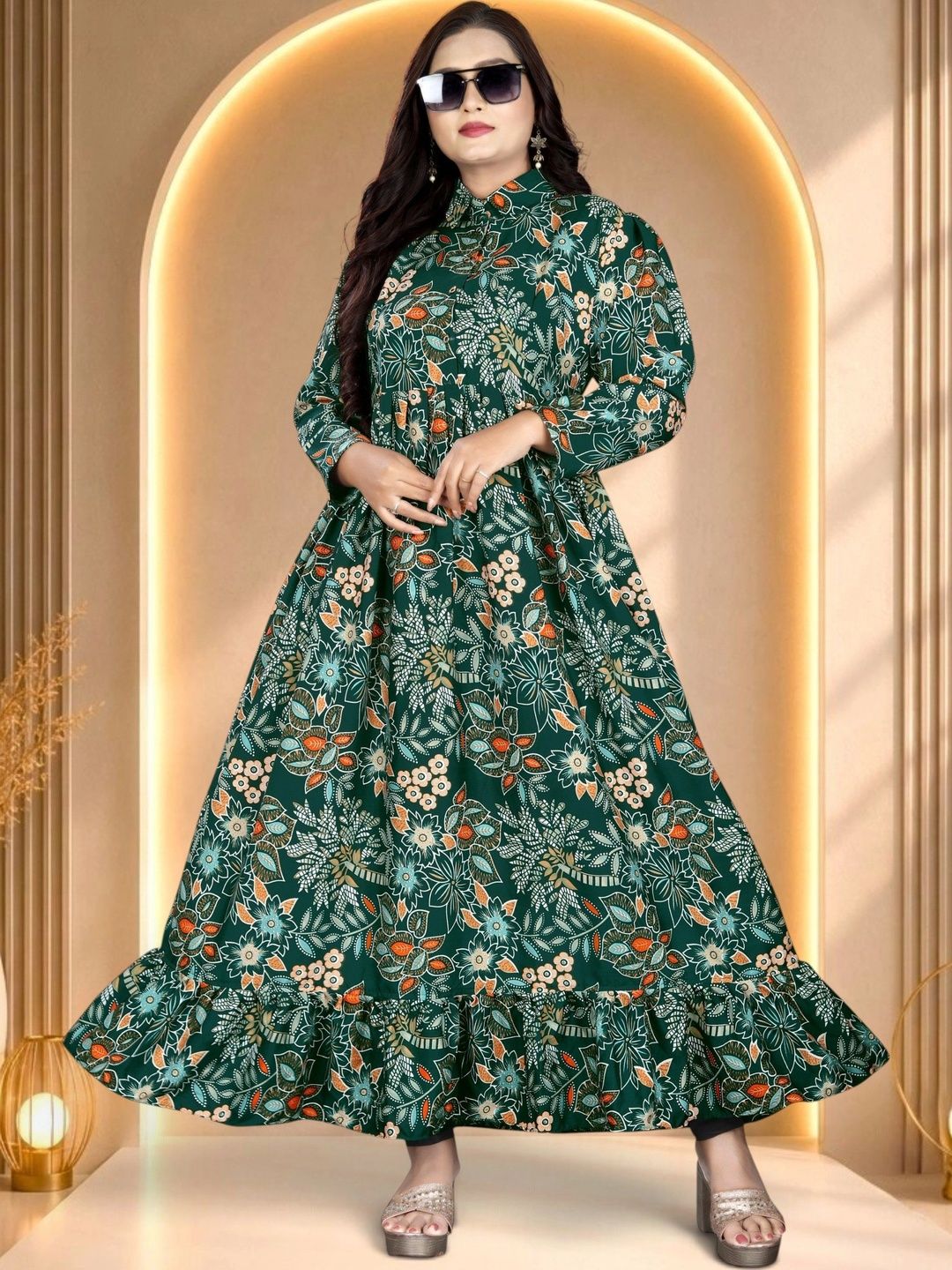 NENCY FASHIONN Floral Print Ruffled Crepe Maxi Dress-image-42