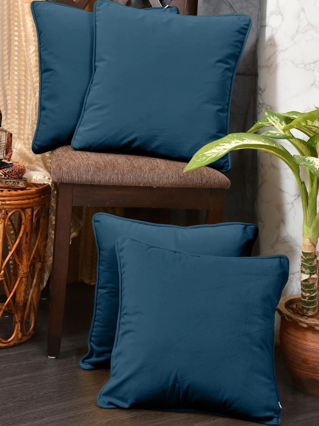 Myntra Elegant Homes Blue Set of 4 Velvet Square Cushion Covers-image-47