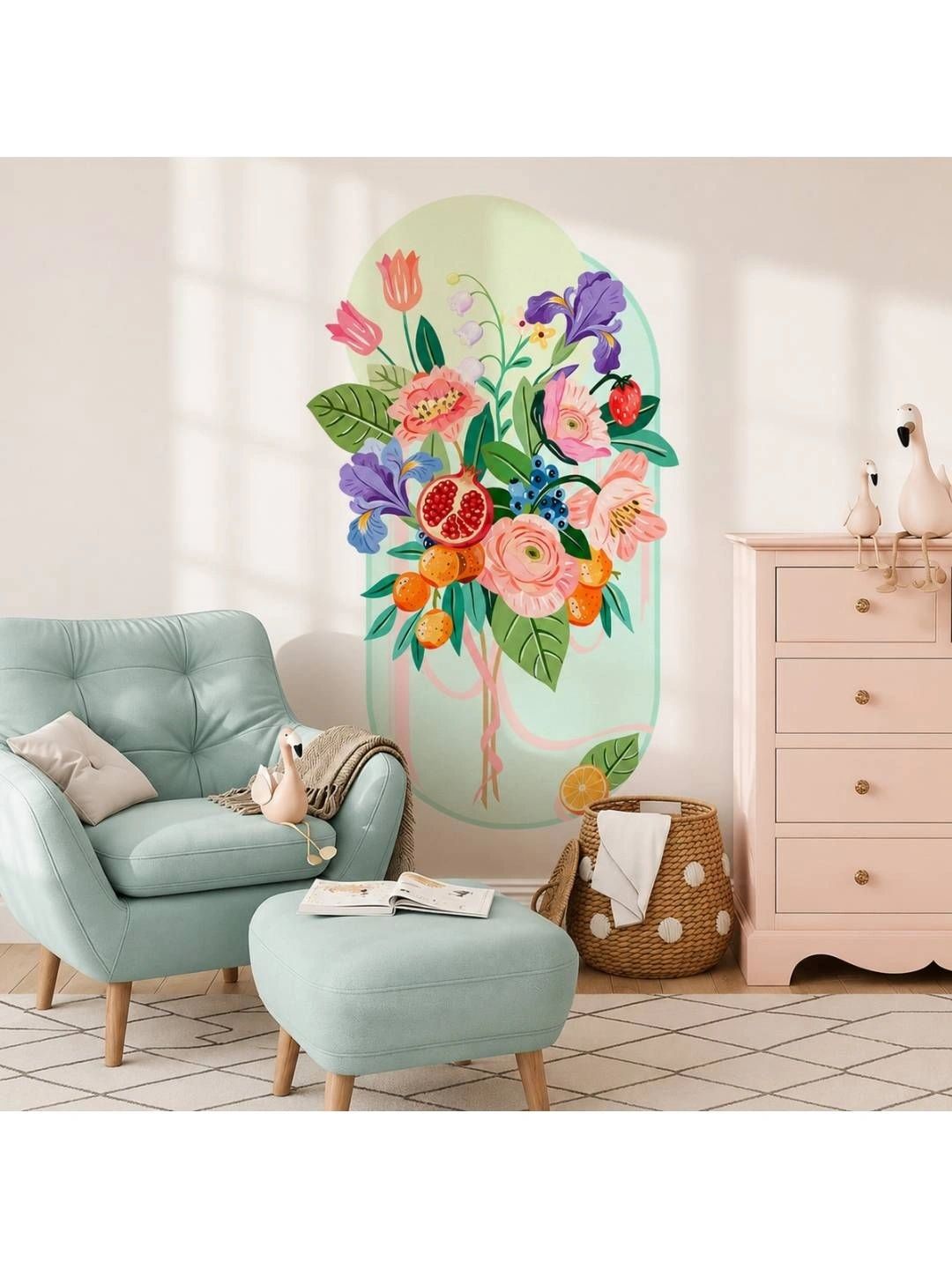 Jaamso Royals Green & Pink Botanical Flower Bouquet Printed Wall Decal Sticker-picture-21