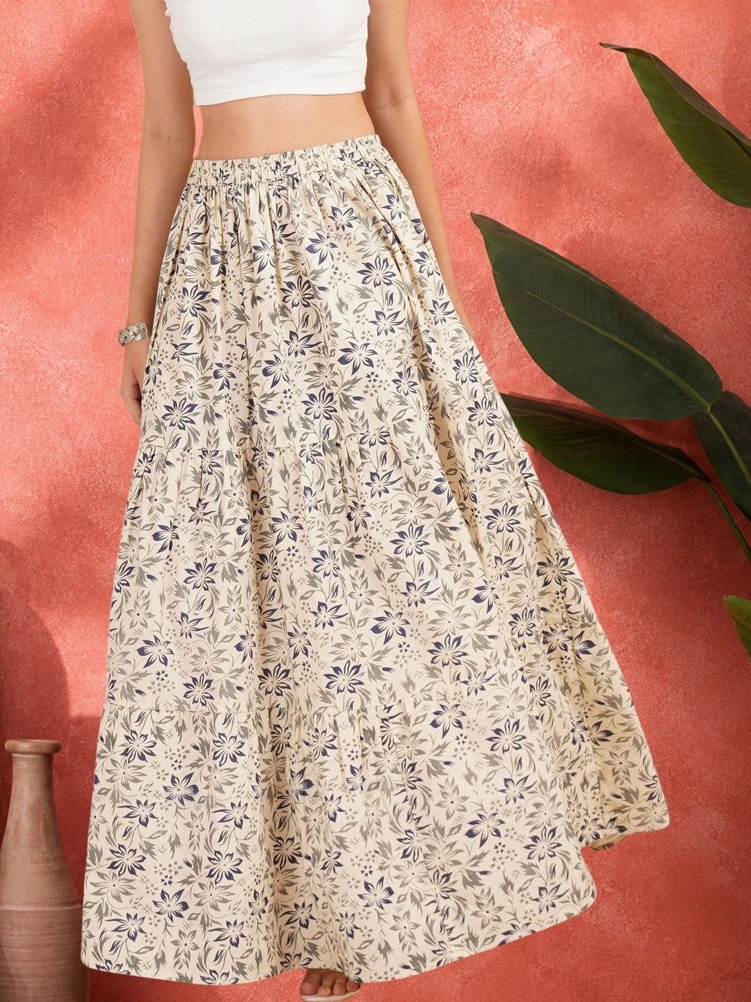 Sangria Women Pure Cotton Blend Cotton Cambric Floral Maxi Tiered Skirt-picture-11