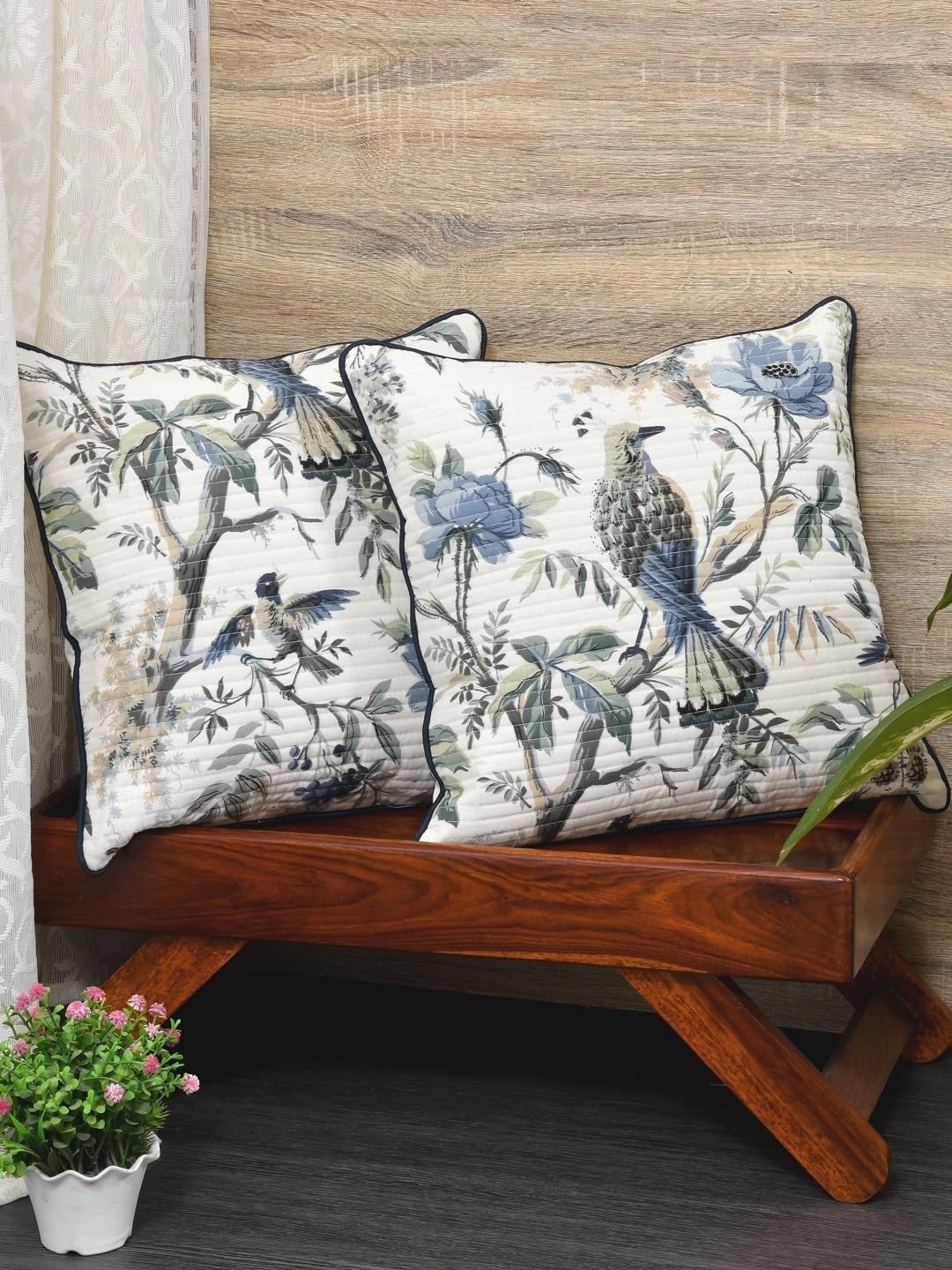 Aura Cream-Coloured & Blue Set of 2 Square Cushion Covers-picture-26