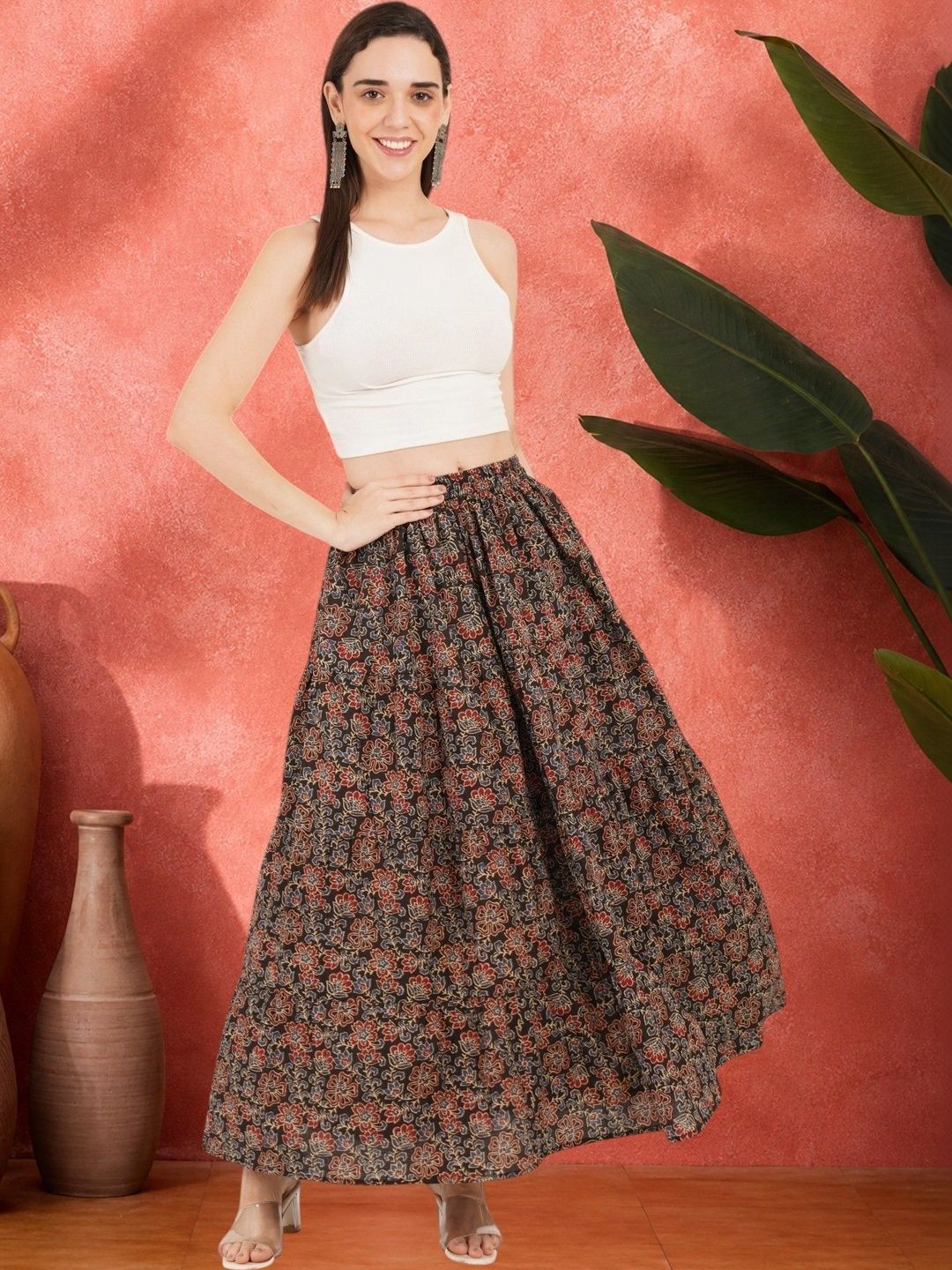 Sangria Women Pure Cotton Blend Cotton Cambric Floral Tiered Maxi Tiered Skirt-picture-17