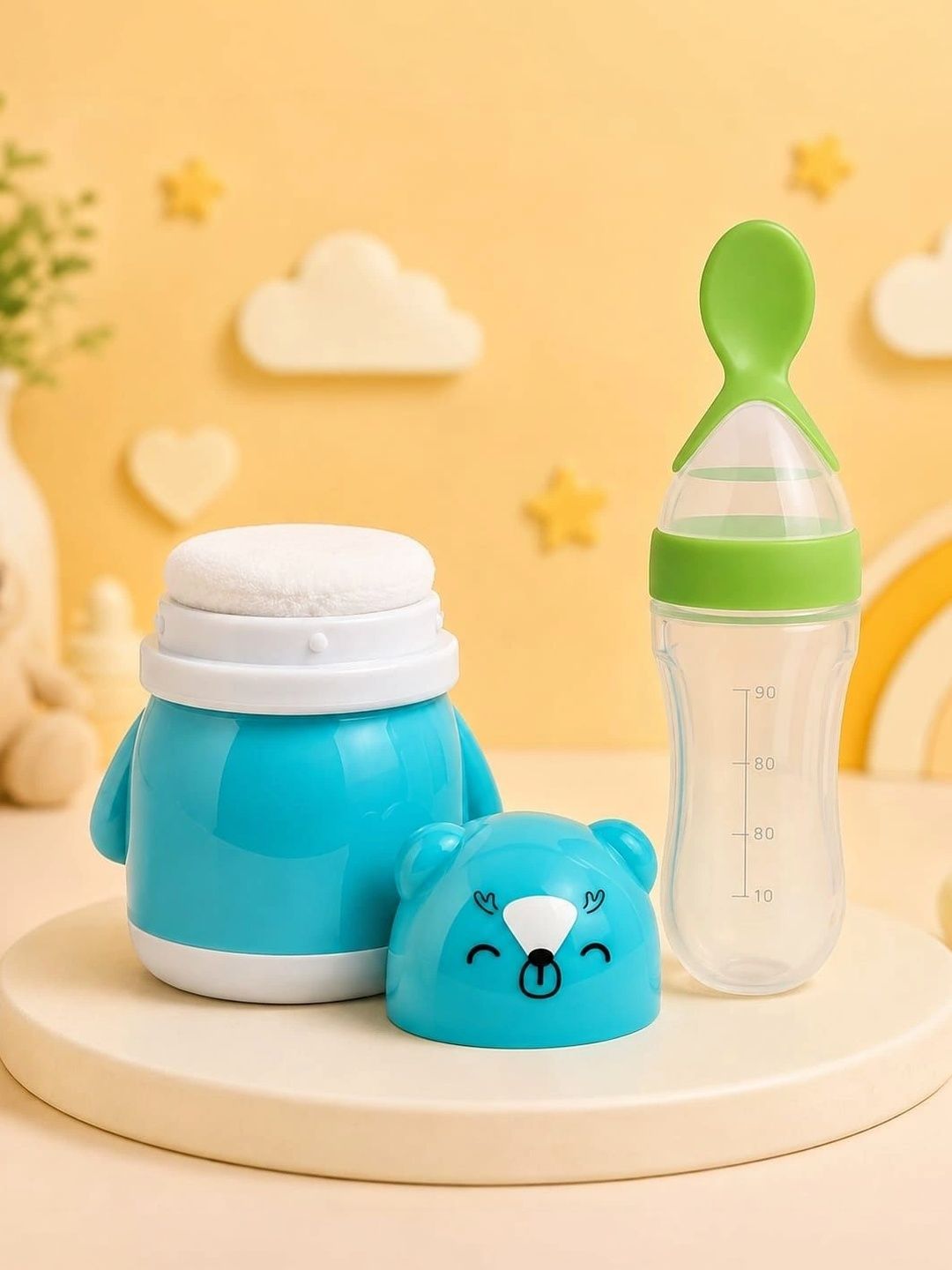 Joy Buzz Green & White Printed BPA Free Baby Food Feeder Spoon & Powder Puff Combo-picture-27