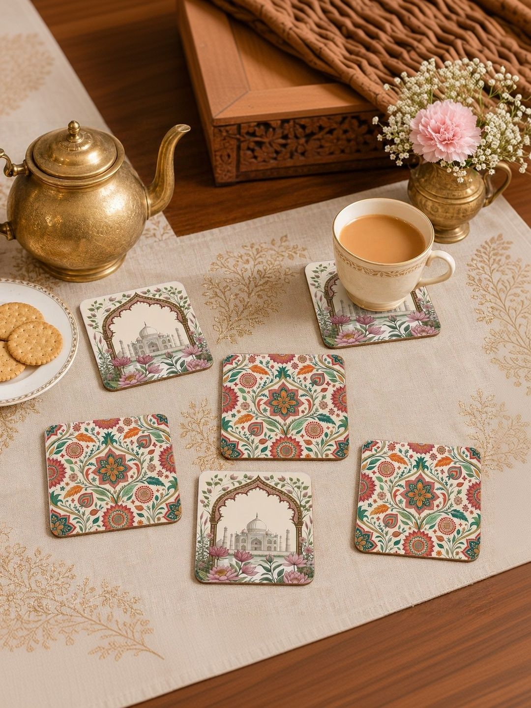 TAJNAN 6-Pcs Beige & Pink Printed Wood Coasters-picture-42