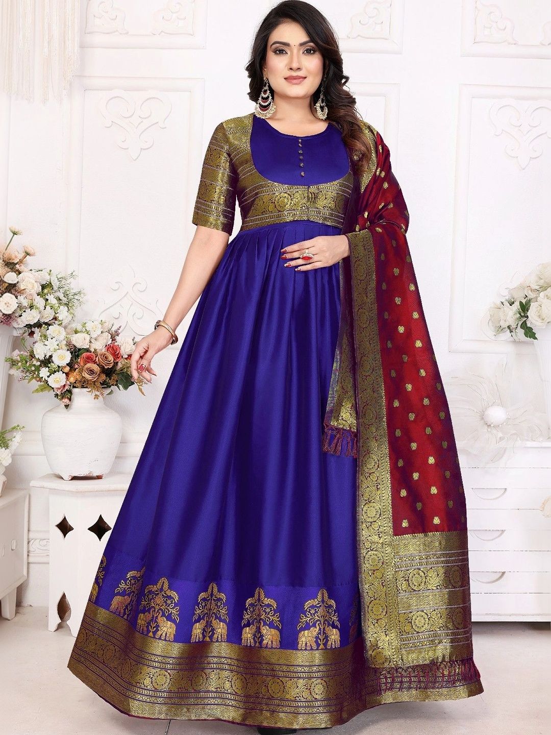 Kinjhit Fashion Woven Design Round Neck Fit & Flare Maxi Ethnic Dress With Dupatta-picture-12
