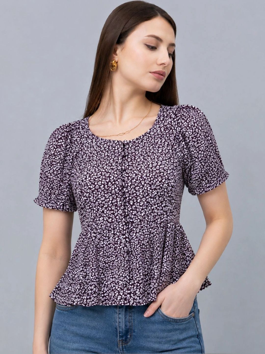 Slenor Print Puff Sleeve Crepe Peplum Top-picture-48