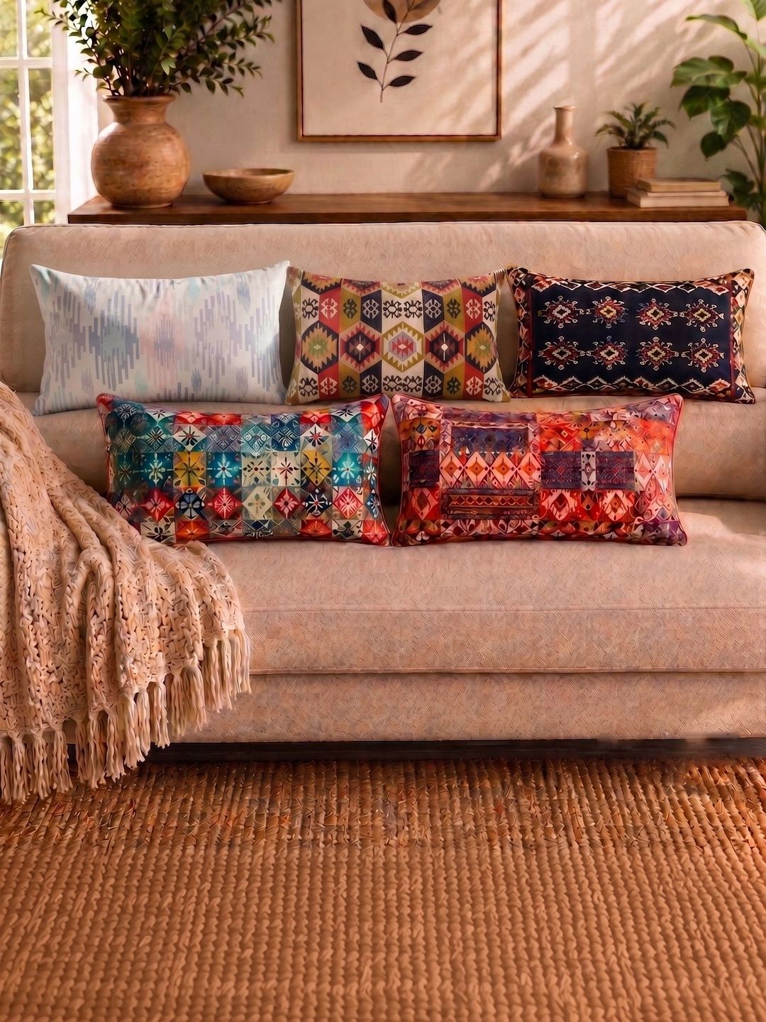 HANDICRAFT PALACE Multicoloured Set of 5 Geometric Velvet Rectangle Cushion Covers-picture-30