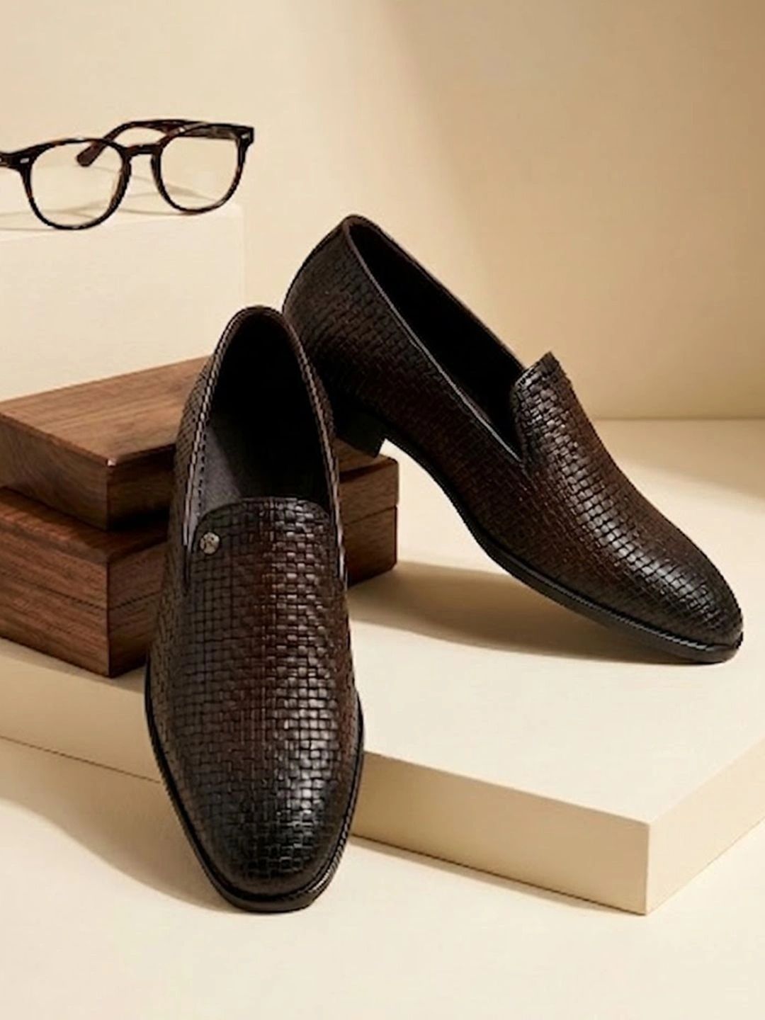 House of Pataudi Men Woven Design Synthetic Leather Round Toe Slip-On Formal Loafers-picture-54