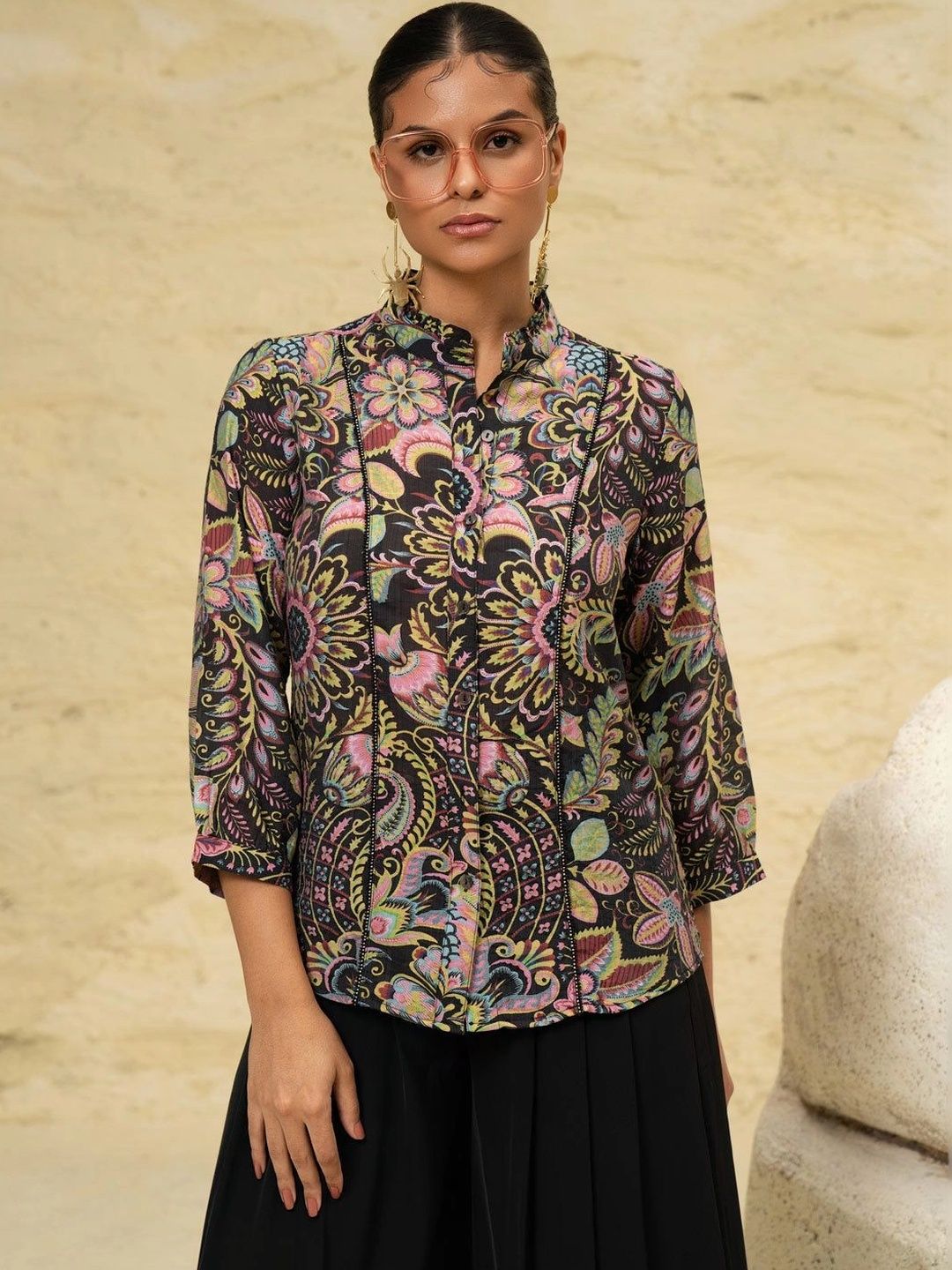 SHECZZAR Print Mandarin Collar Ethnic Cotton Top-picture-16