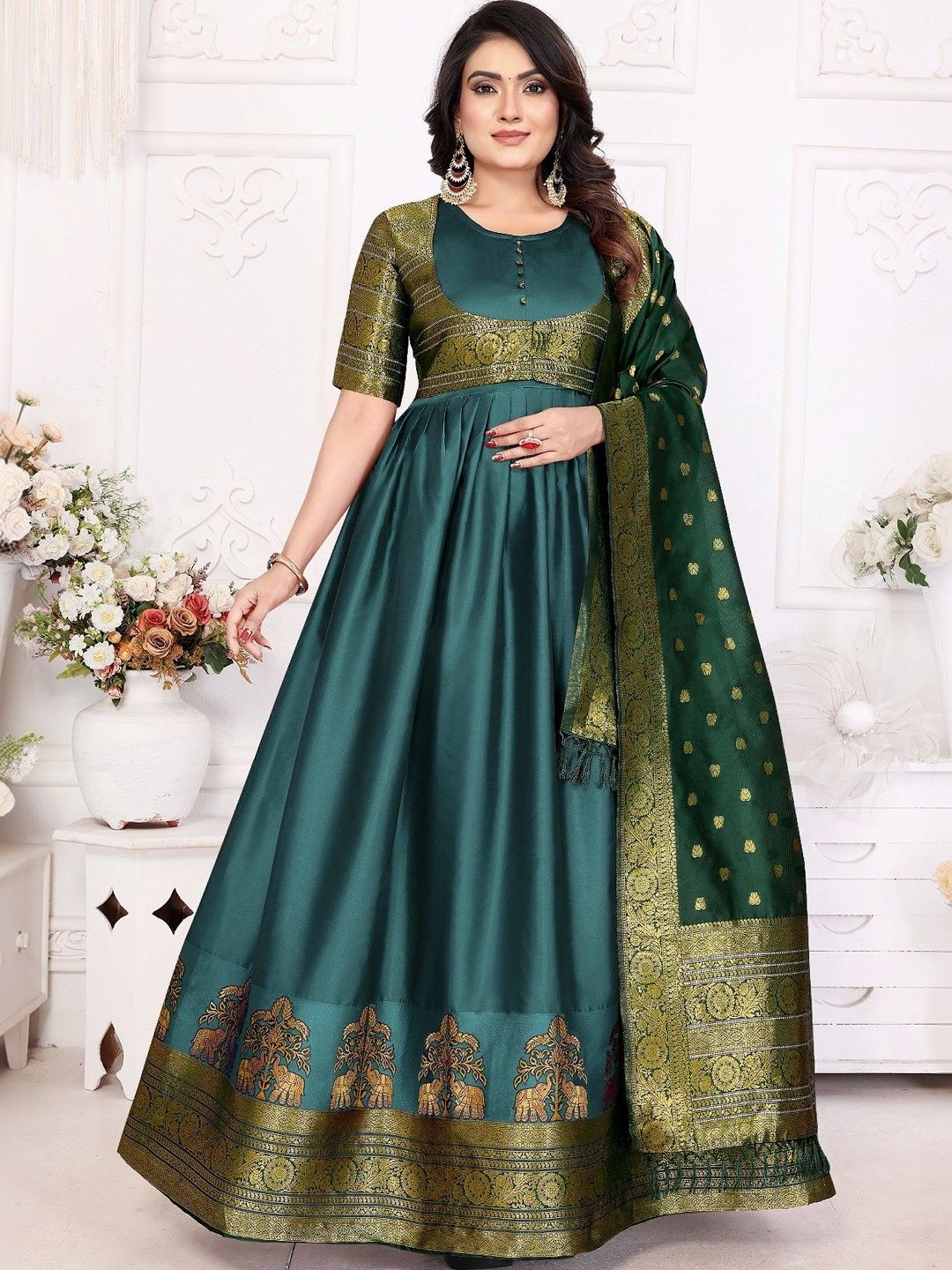 Kinjhit Fashion Woven Design Round Neck Fit & Flare Maxi Ethnic Dress With Dupatta-picture-23