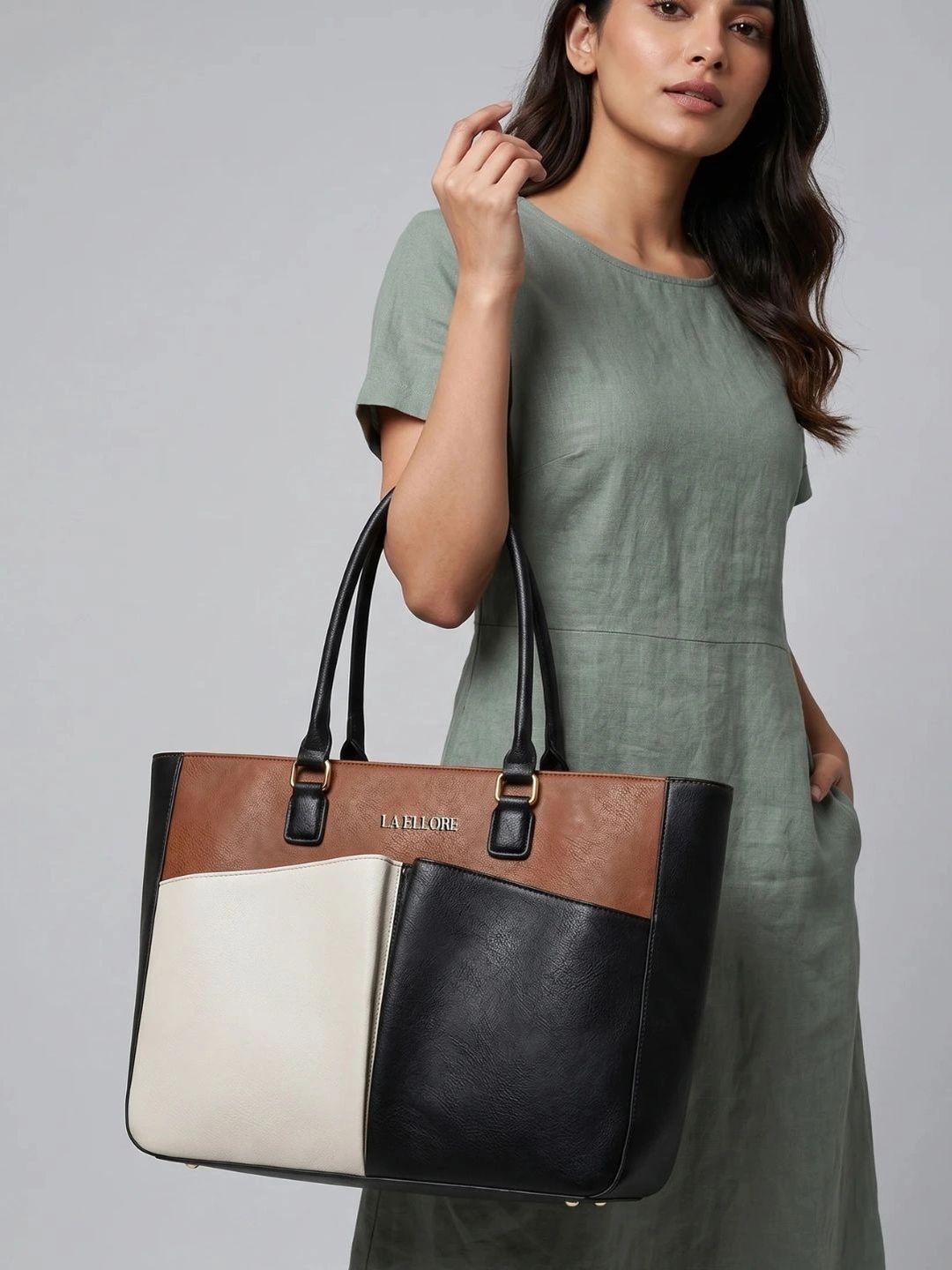 LA ELLORE Colourblocked PU Structured Tote Bag-image-8