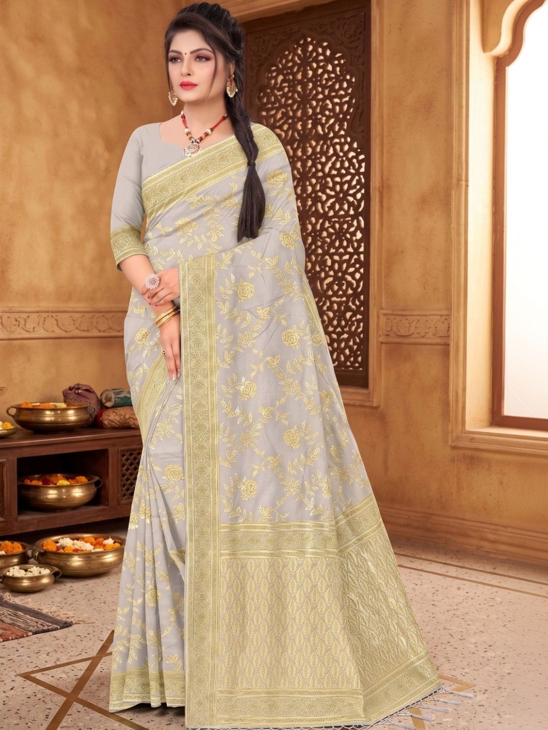 Vedresa Woven Design Embroidered Silk Blend Designer Banarasi Saree-picture-11