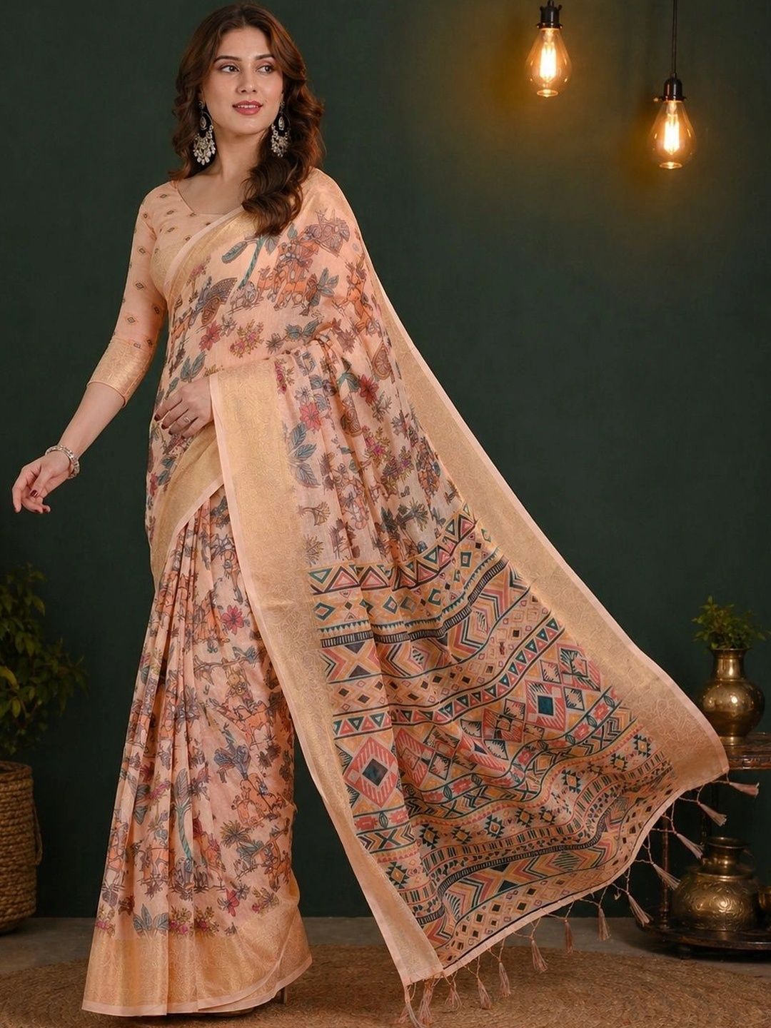 DIVASTRI Floral Zari Linen Blend Handloom Saree-image-38